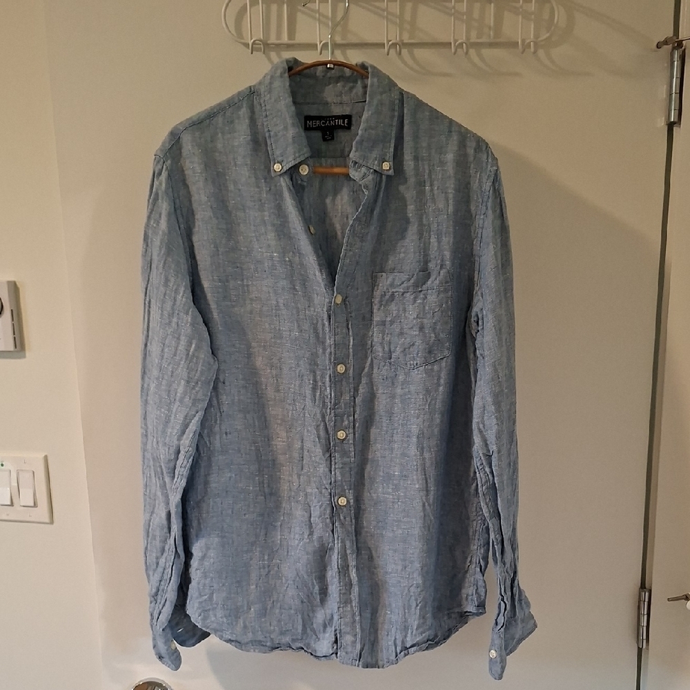 J. Crew Men's 100% Linen French/Cornflower Blue Button-up Shirt (Size US S)